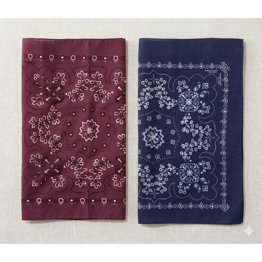 LL Bean Bandana Set 2 Navy Blue Burgundy Red Floral Paisley Cotton NWOT
